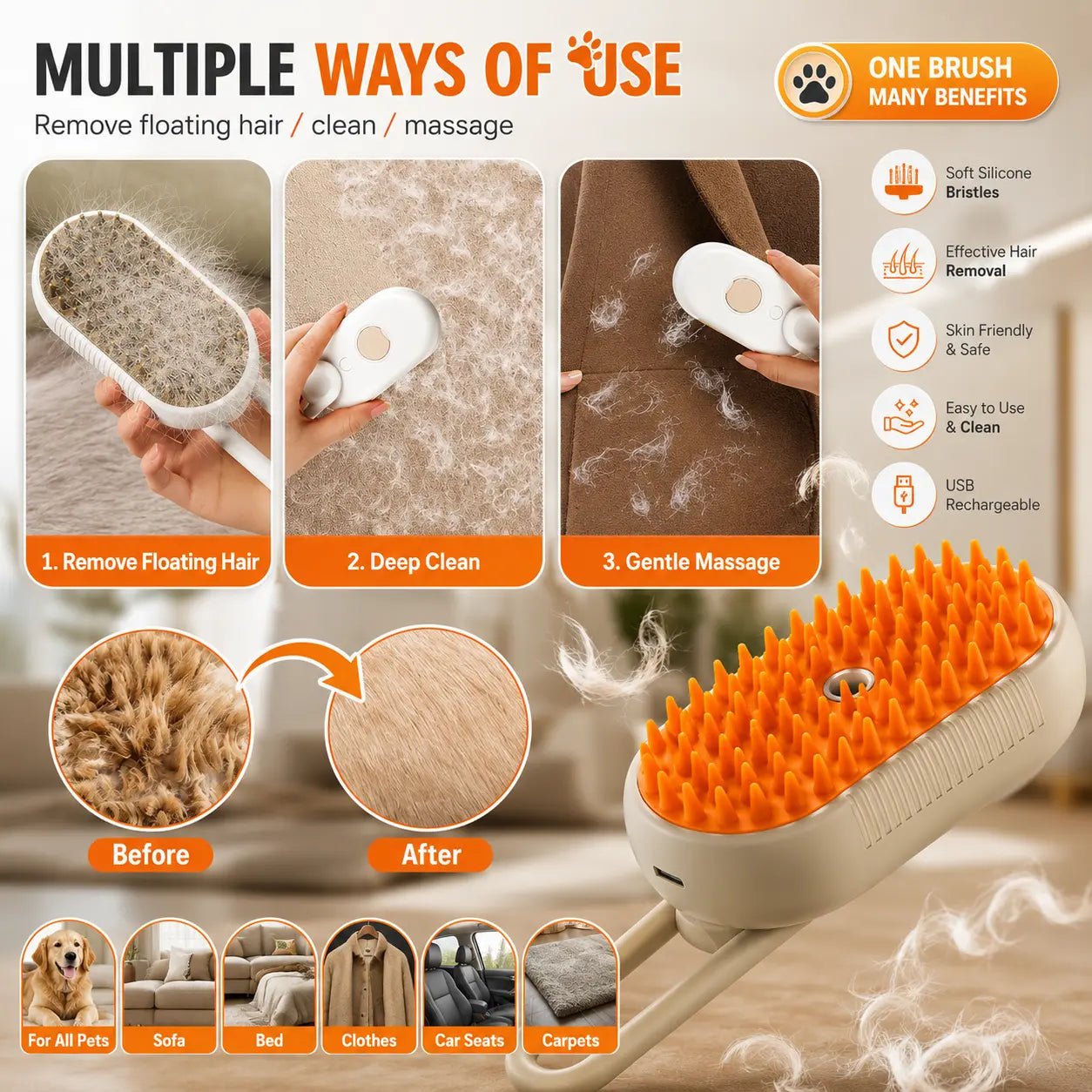 2-in-1 Pet Spray Grooming Brush | Self Cleaning Dog & Cat Hair Removal Comb