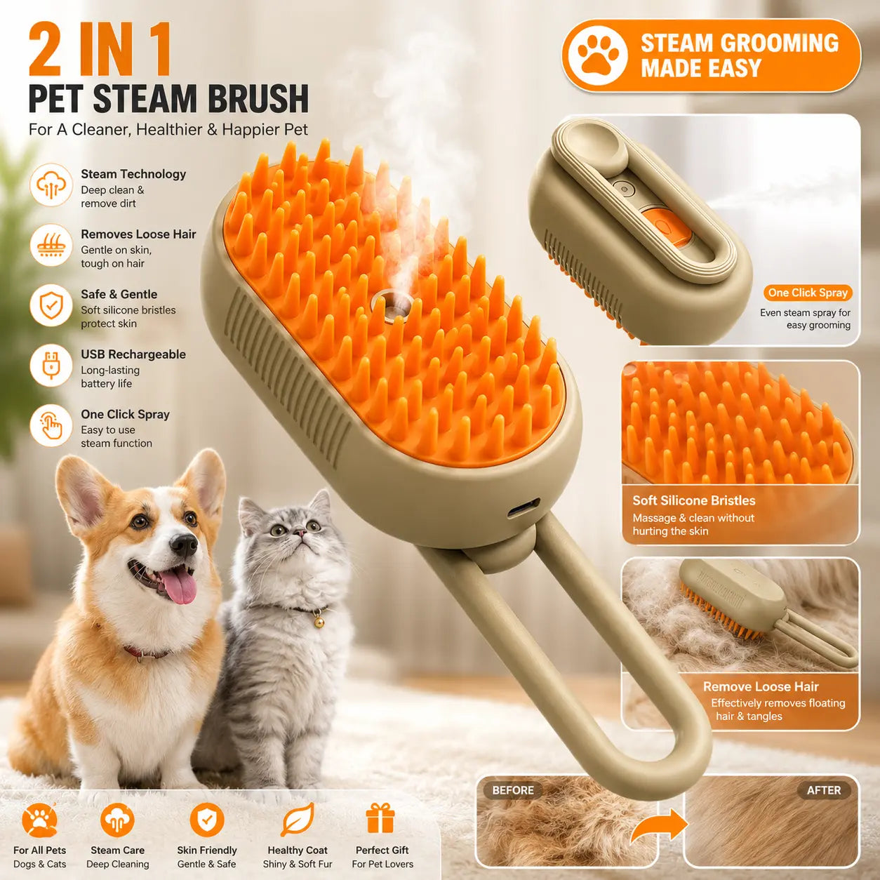 2-in-1 Pet Spray Grooming Brush | Self Cleaning Dog & Cat Hair Removal Comb