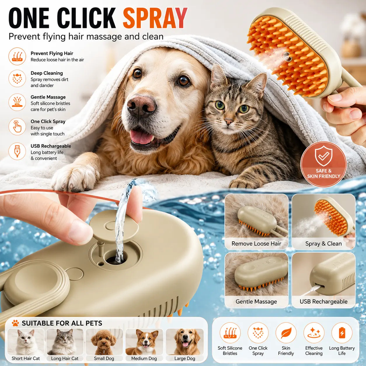 2-in-1 Pet Spray Grooming Brush | Self Cleaning Dog & Cat Hair Removal Comb