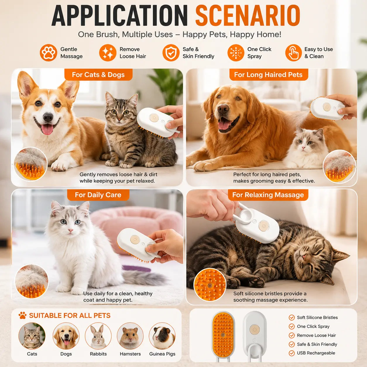 2-in-1 Pet Spray Grooming Brush | Self Cleaning Dog & Cat Hair Removal Comb