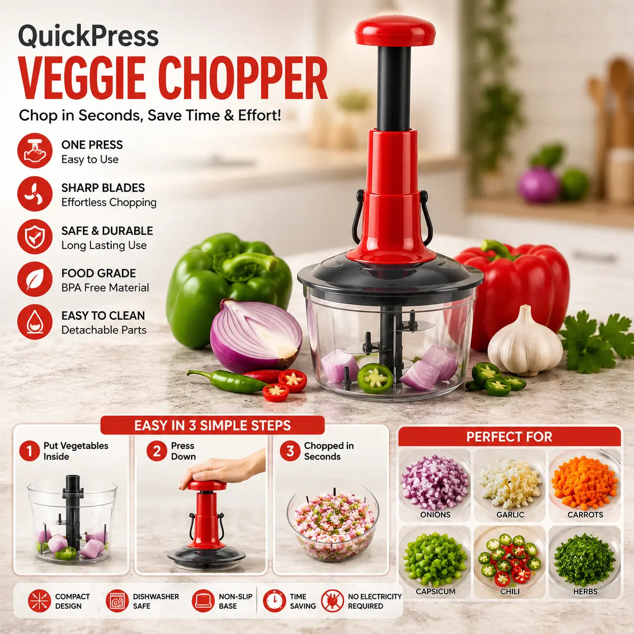 Hand-press vegetable and fruit chopper