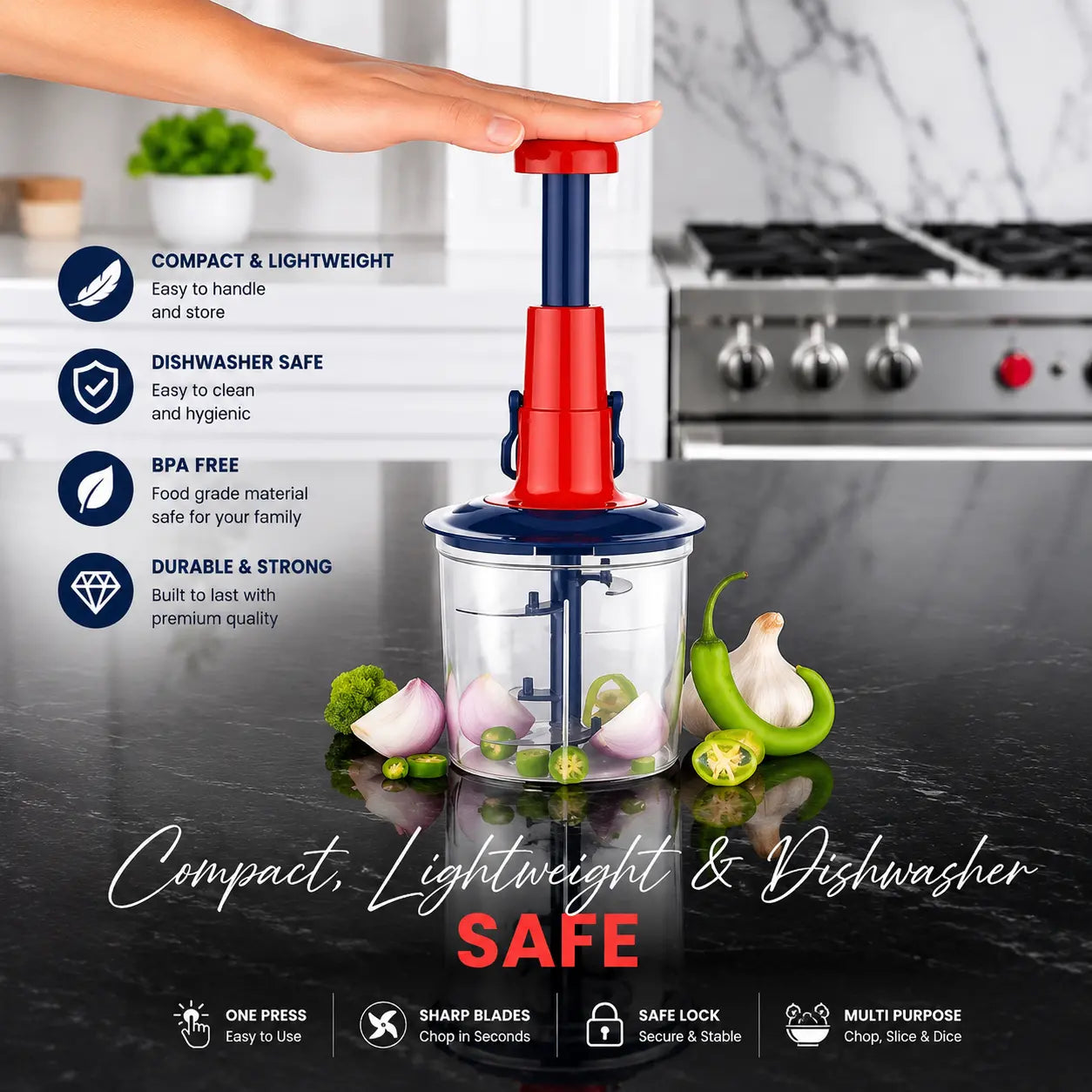 Hand-press vegetable and fruit chopper