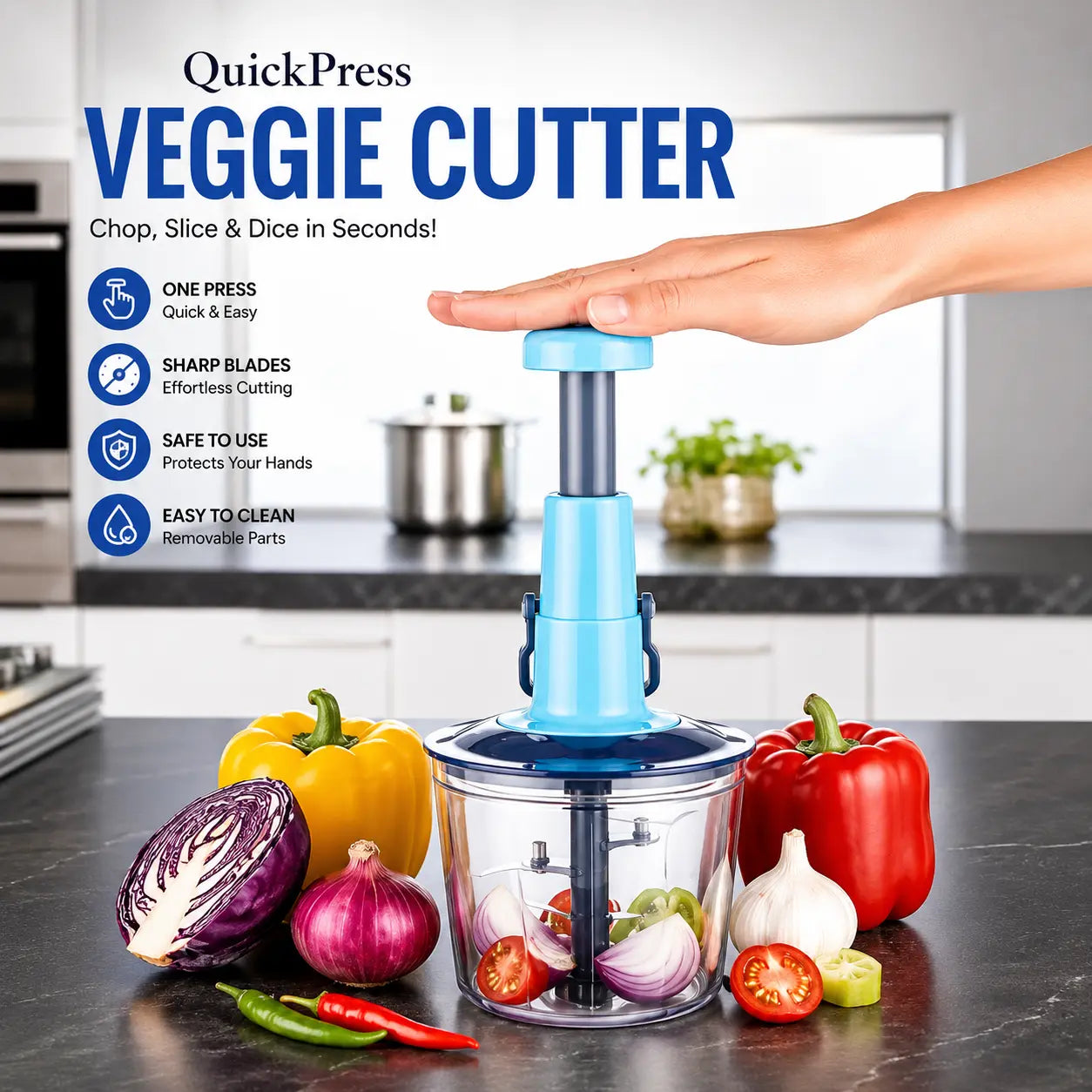 Hand-press vegetable and fruit chopper